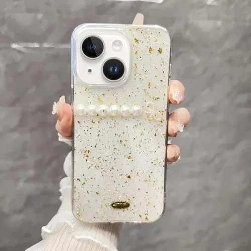 Funda para Teléfono TPU iPhone 14 Plus con Lazo de Perlas y Lámina Dorada (Perla)