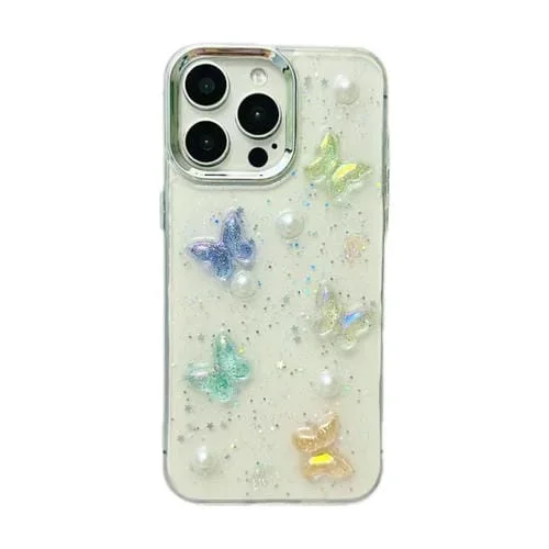 Funda para Teléfono TPU iPhone 14 Pro Mariposa de Cristal Colorida 3D (Mariposa Perla)