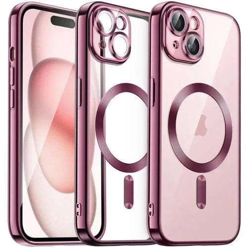 Funda para Teléfono TPU iPhone 15 Galvanizada Transparente Magnética (Rosa)