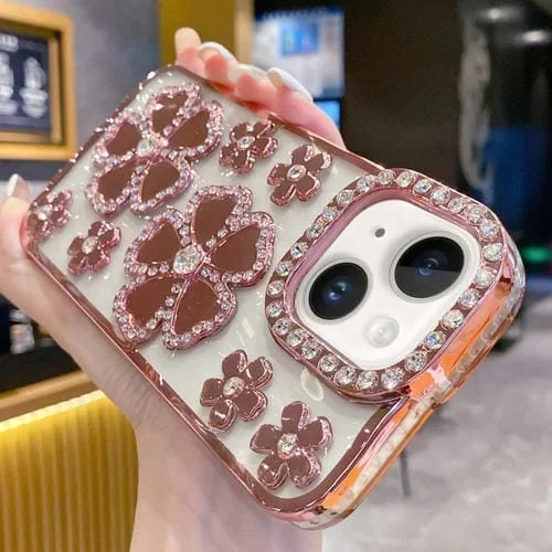 Funda para teléfono TPU iPhone 15 Plus con diamantes y flores galvanizadas (Rosa)