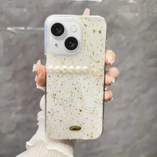 Funda para Teléfono TPU iPhone 15 Plus con Lazo de Perlas y Lámina Dorada (Perla)