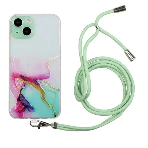 Funda para Teléfono TPU iPhone 15 Plus Hollow Marble Pattern a Prueba de Golpes con Cuerda (Verde)