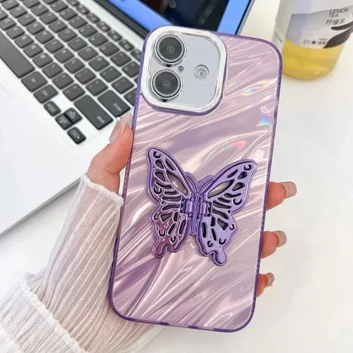 Funda para Teléfono TPU iPhone 16 Plus Soporte Mariposa Película Lente (Ondas de Agua Moradas)