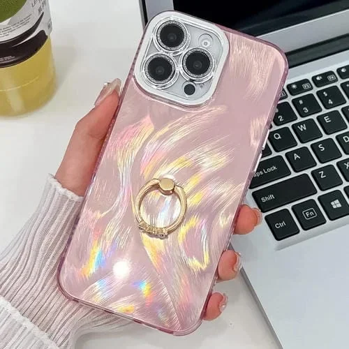 Funda para Teléfono TPU iPhone 16 Pro Anillo Textura Brillante Película Lente (Hilo de Plumas Rosa)