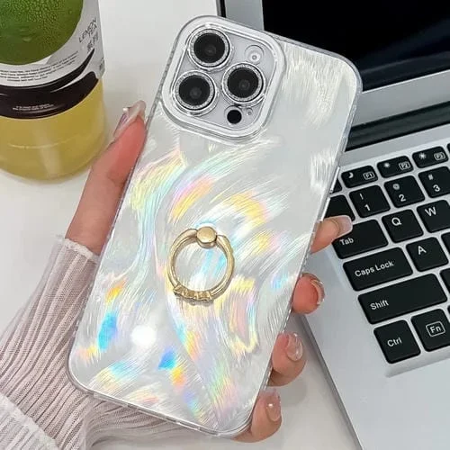 Funda para Teléfono TPU iPhone 16 Pro Max con Anillo y Película para Lente (Hilo de Plumas Blancas)