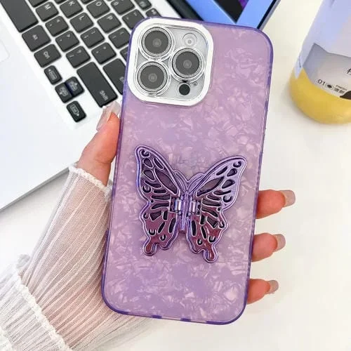 Funda para Teléfono TPU iPhone 16 Pro Max Soporte Mariposa Película Lente (Morada)