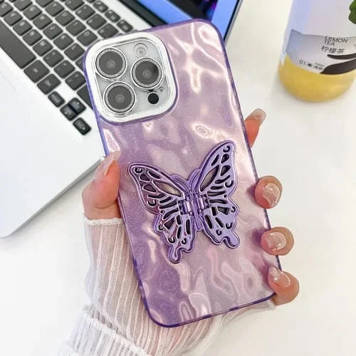 Funda para Teléfono TPU iPhone 16 Pro Soporte Mariposa Textura Brillante (Arrugas Moradas)