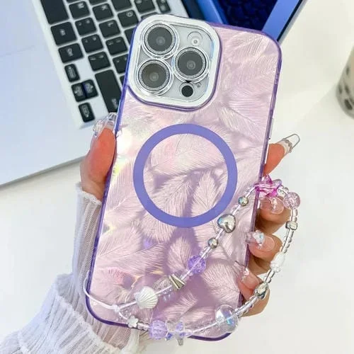 Funda para Teléfono TPU Magsafe iPhone 16 Pro Textura Chapada Película Lente (Plumas Moradas)