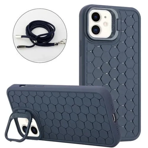 Funda para teléfono TPU para iPhone 12 con soporte radiante en forma de panal con cordón (Azul)