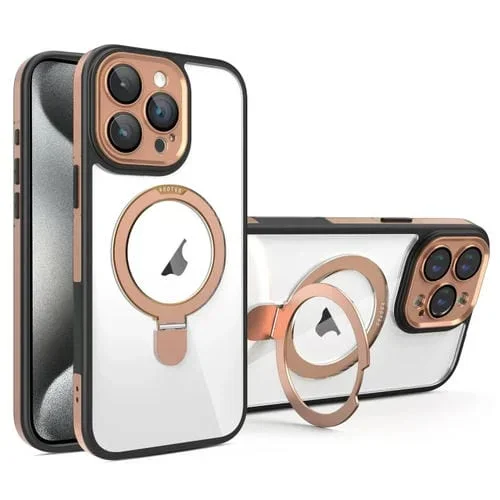 Funda para Teléfono Transparente con Soporte Magsafe y Película Cobertura Total para iPhone 15 Pro (Negro y Dorado)