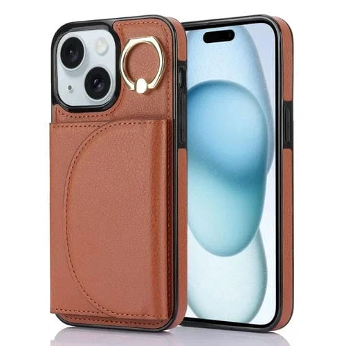 Funda para Teléfono Ym006 para iPhone 15 con Soporte para Anillo y Tarjeta con Sensación de Piel (Marrón)