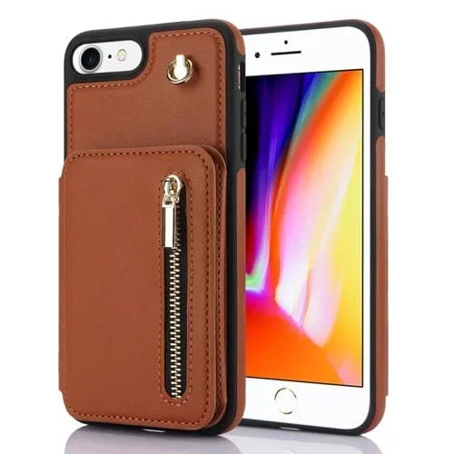 Funda para Teléfono Ym006 para iPhone SE 2020/8/7 con Bolsa para Tarjetas Cremallera y Cordón Doble (Marrón)