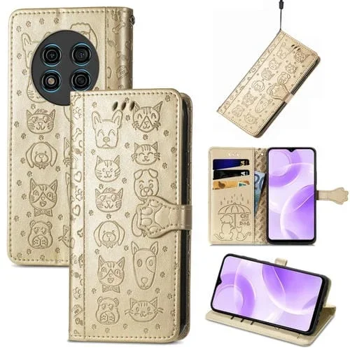 Funda para Ulefone Note 15 de Cuero con Relieve de Gato y Perro (Dorado)