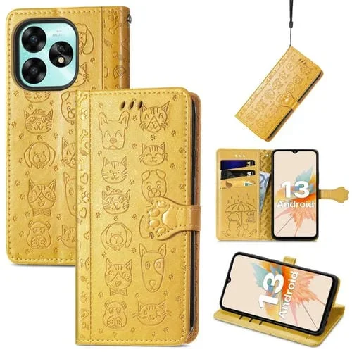 Funda para Umidigi A11 de Cuero con Relieve de Perro y Gato (Amarillo)