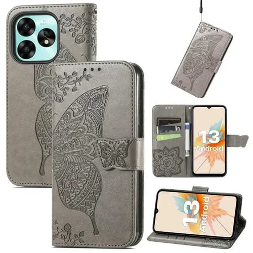 Funda para Umidigi G5 / G5A de Cuero con Relieve Flor Amor y Mariposa (Gris)