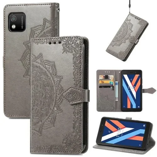 Funda para Wiko Y52 Mandala Flower en Relieve Caja de Cuero (Gris)