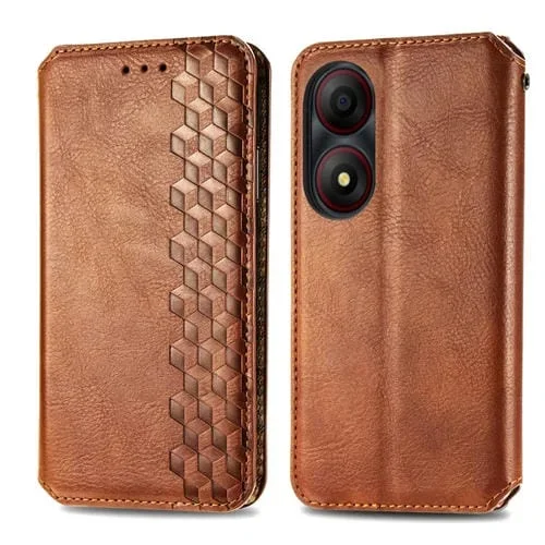 Funda para ZTE Blade A34 Cubic Grid Cuero Magnético Prensado (Marrón)