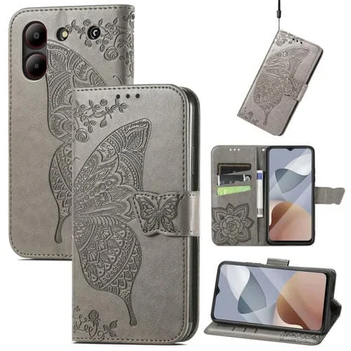 Funda para ZTE Blade A54 de Cuero con Relieve de Flor y Mariposa (Gris)