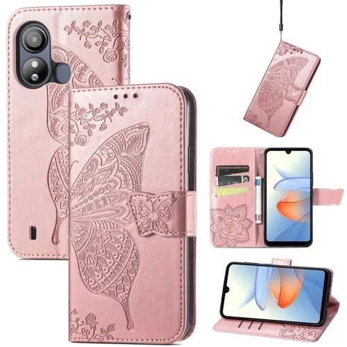 Funda para ZTE Blade L220 Cuero con Relieve Flor de Amor y Mariposa (Oro Rosa)