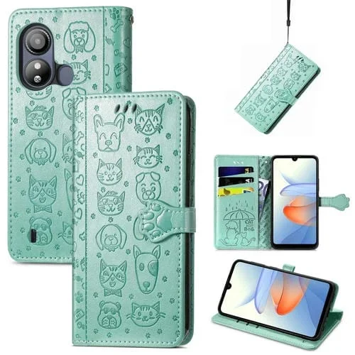 Funda para ZTE Blade L220 de Cuero con Relieve de Gato y Perro (Verde)