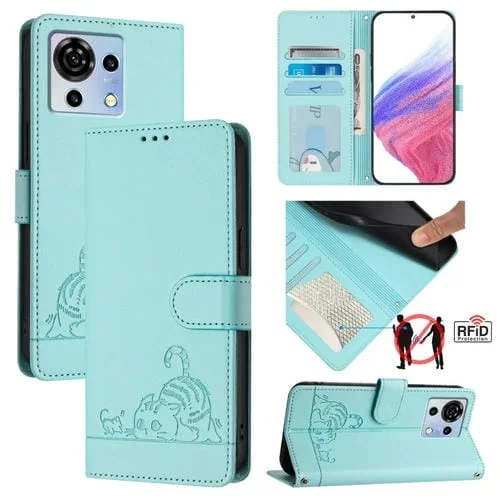 Funda para ZTE Blade V50 Vita CAT Rat Cuero Rfid con Patrón en Relieve y Cordón (Verde Menta)