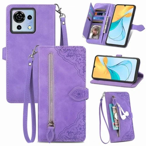 Funda para ZTE Blade V50 Vita de Cuero con Cremallera y Flores en Relieve (Púrpura)