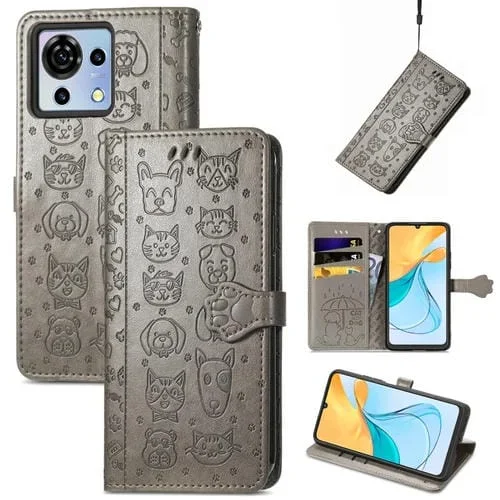 Funda para ZTE Blade V50 Vita de Cuero con Relieve de Gato y Perro (Gris)