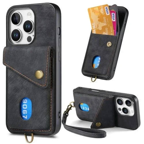 Funda Plegable Cuero con Tarjetero para iPhone 16 Pro Max con Correa (Negra)
