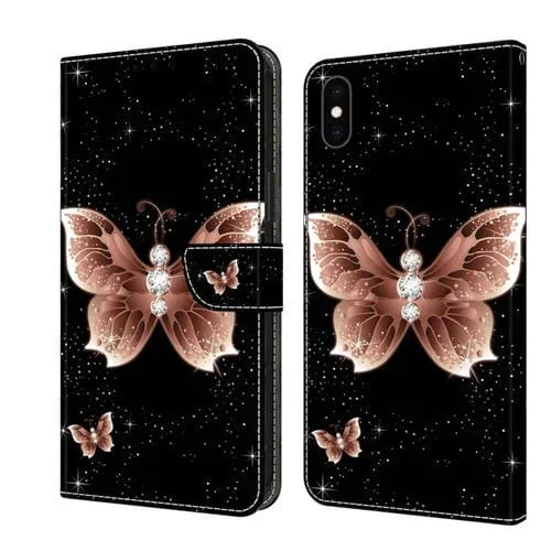 Funda Protectora de Cuero iPhone Xs Max Crystal 3D a Prueba de Golpes (Mariposa de Diamante Rosa)