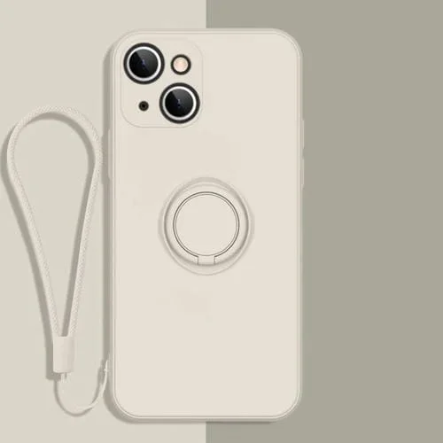 Funda Protectora de Teléfono Silicona Líquida con Soporte y Cordón para iPhone 13 Mini (Blanco Antiguo)