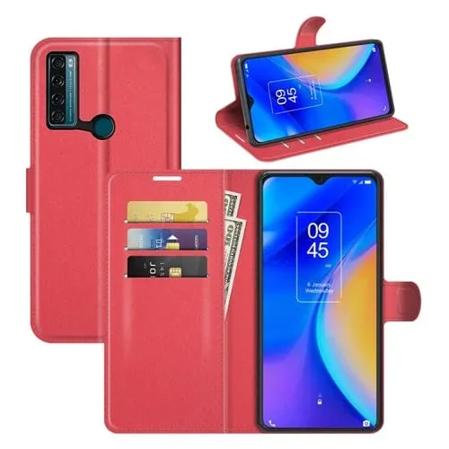 Funda Protectora Flip para TCL 20 Se Litchi Texture con Soporte y Ranuras para Tarjetas y Billetera (Rojo)