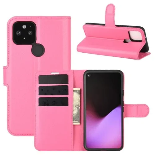 Funda Protectora Google Pixel 5 XL Litchi Texture con Tapa, Soporte y Billetera (Rosa Roja)