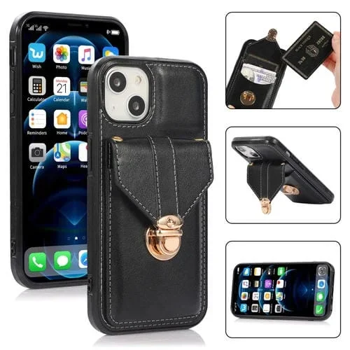 Funda Protectora iPhone 13 Mini con Hebilla Soporte Ranura Tarjeta Billetera y Cordón (Negro)