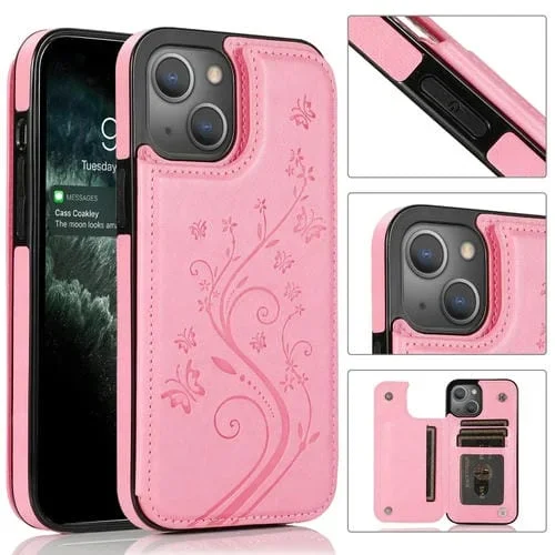 Funda Protectora iPhone 13 Mini PU + TPU con Soporte Ranuras Tarjetas Marco Fotos (Rosa)