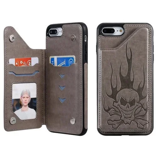 Funda Protectora iPhone 8 Plus 7 Plus a Prueba de Golpes con Estampado Calavera Soporte Ranuras Tarjetas Billetera (Gris)