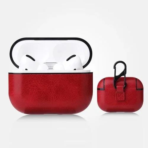 Funda Protectora para Airpods Pro Cuero PU Textura Caballo Loco Anticaída con Mosquetón (Rojo)