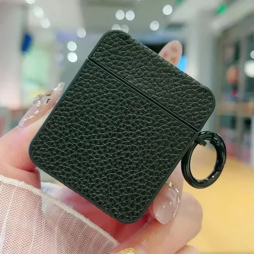 Funda Protectora Para Auriculares Airpods 1/2 Textura Cuero Adhesivo Lichi (Negro)