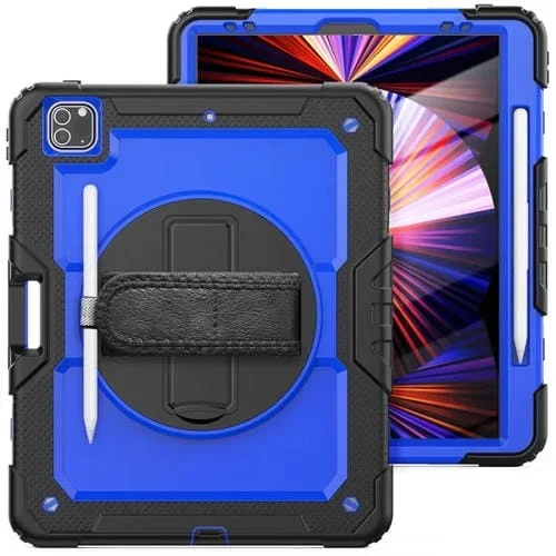 Funda Protectora para iPad Pro 12.9 2022/2021/2020/2018 Silicona + PC con Soporte y Correas (Azul + Negro)