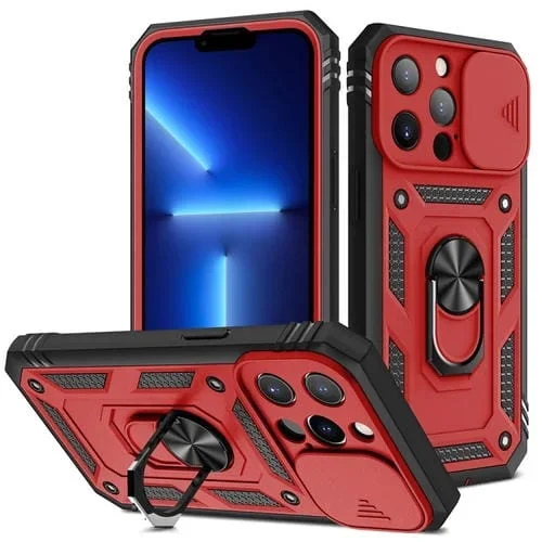 Funda Protectora para iPhone 13 Pro TPU + PC con Cubierta de Cámara Deslizante Soporte Giratorio 360 y Ranura para Tarjeta (Rojo + Negro)