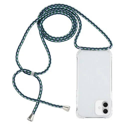 Funda Protectora para iPhone 16 con Airbag Acrílico Transparente a Prueba de Golpes con Cordón (Verde, Blanco y Azul)