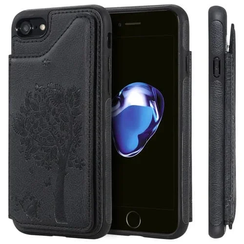 Funda Protectora para iPhone SE 2020 8 7 con Patrón de Árbol de Gato Ranuras Tarjetas Marco Fotos Soporte (Negro)