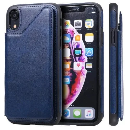 Funda Protectora para iPhone Xr con Textura de Pantorrilla, Soporte, Ranuras para Tarjetas y Marco (Azul)