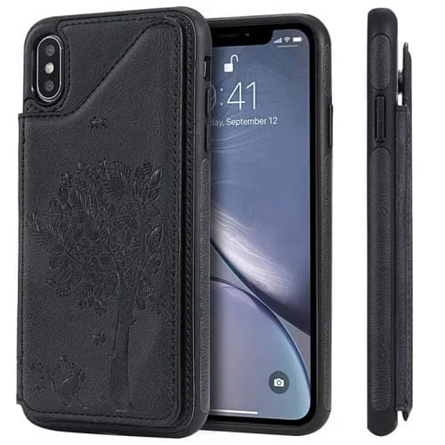 Funda Protectora para iPhone Xs Max Cat Tree Relieve Patrón a Prueba de Golpes con Ranuras para Tarjetas (Negro)