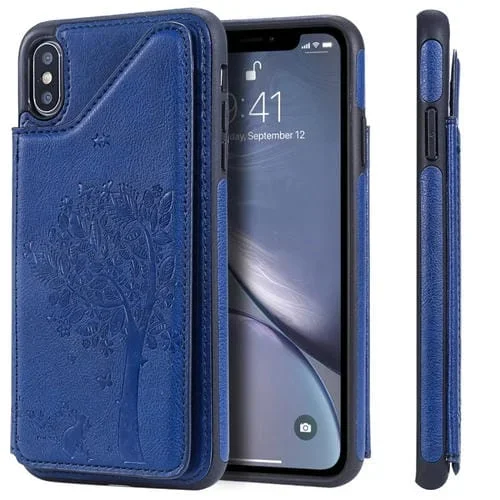 Funda Protectora para iPhone Xs Max Cat Tree Relieve Patrón a Prueba de Golpes con Ranuras para Tarjetas y Marco de Fotos (Azul)