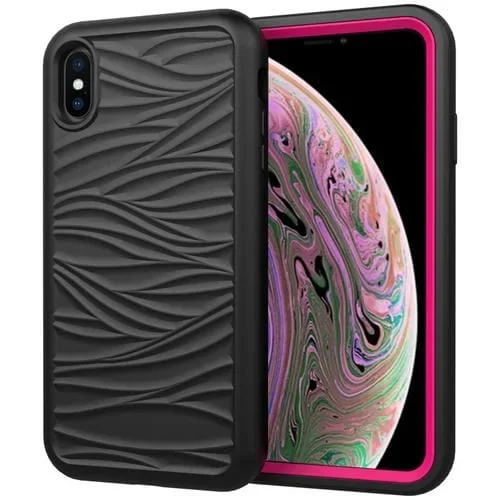 Funda protectora para iPhone Xs Max Wave Pattern 3 en 1 silicona y PC a prueba de golpes (Negro + Rosa Fuerte)
