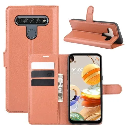 Funda Protectora para LG K61 Litchi Texture con Tapa Horizontal, Soporte, Ranuras para Tarjetas y Billetera (Marrón)