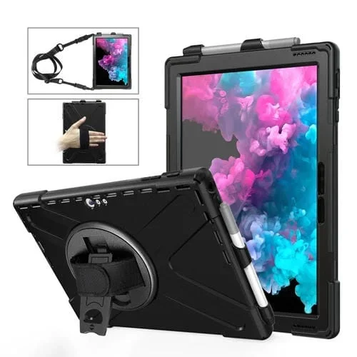 Funda Protectora para Microsoft Surface Pro 6/7 Silicona + PC con Soporte Correa y Ranura de Pluma (Negro)