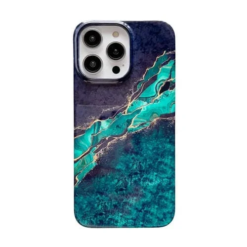 Funda Protectora para Teléfono iPhone 14 Patrón PC a Prueba de Golpes (Mármol Verde Azul)