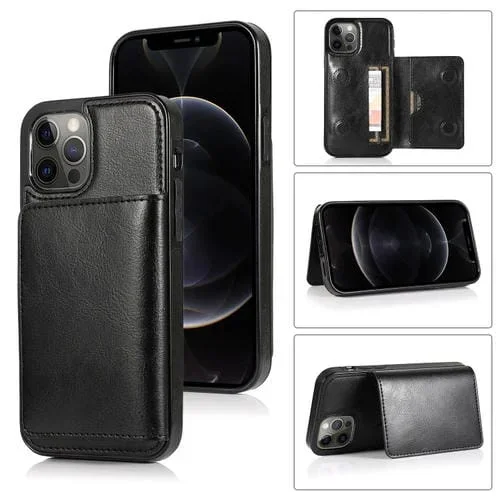 Funda Protectora PU + TPU para iPhone 13 Pro con Ranuras para Tarjetas y Soporte (Negro)