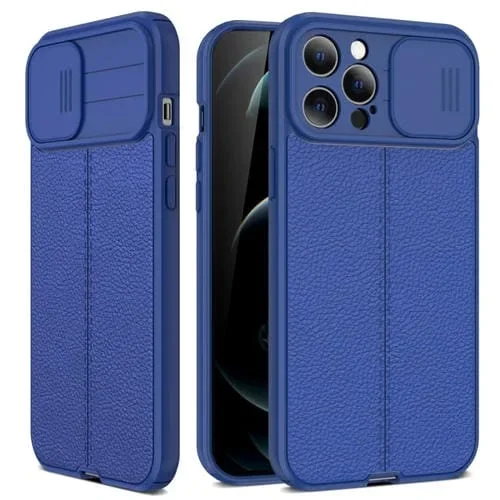 Funda Protectora TPU para iPhone 13 Pro Litchi Texture con Sliding Camshield (Azul)